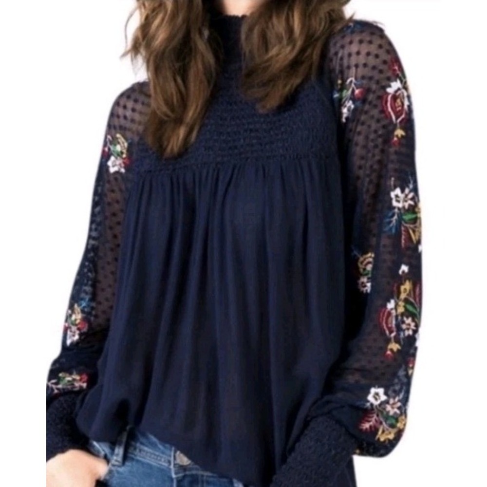 Banjara Embroidered Top Blouse Women‎ M Black Sheer Sleeve Mock Neck Boho Hippie
